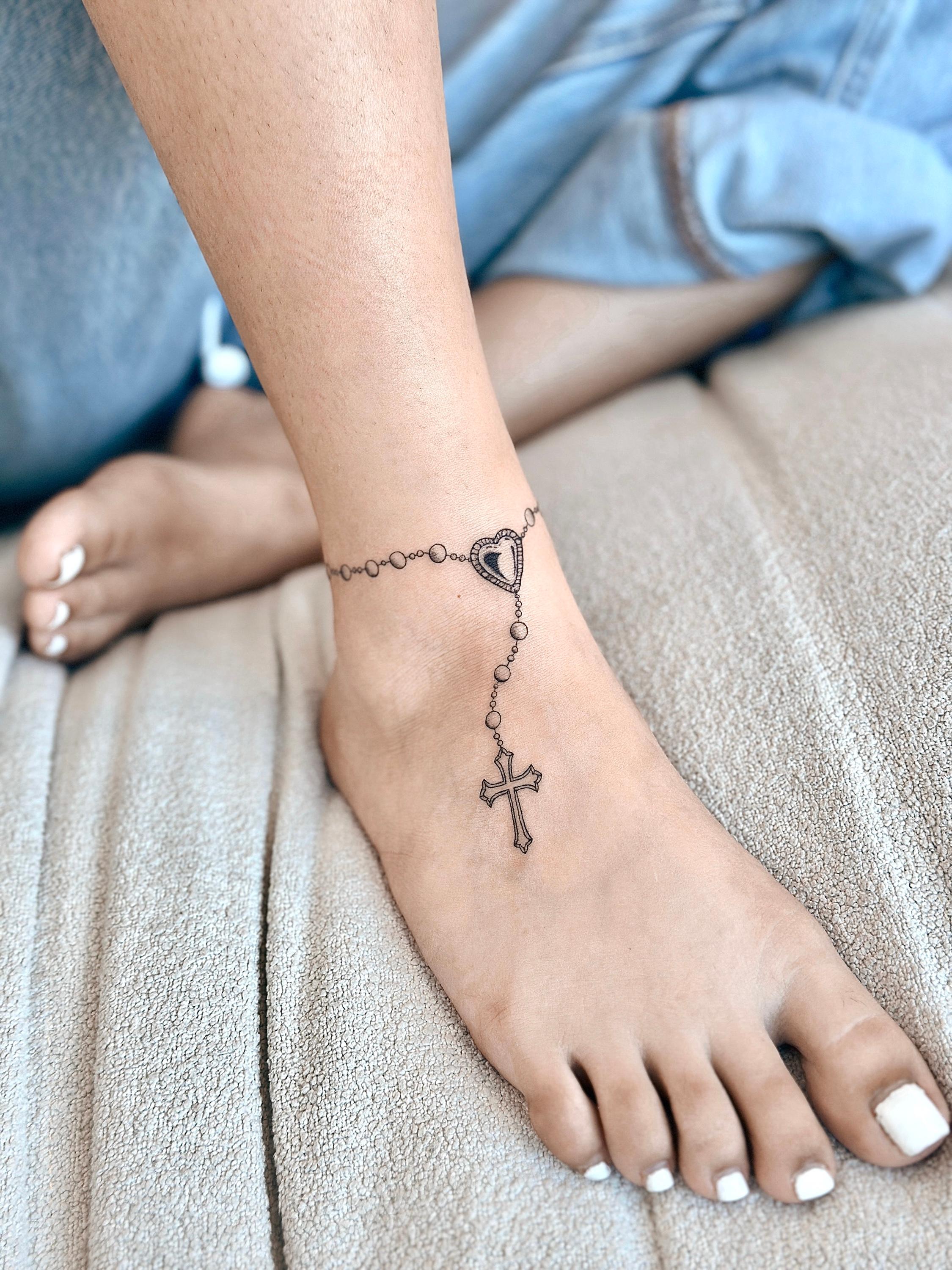 Fine line rosary anklet tattoo